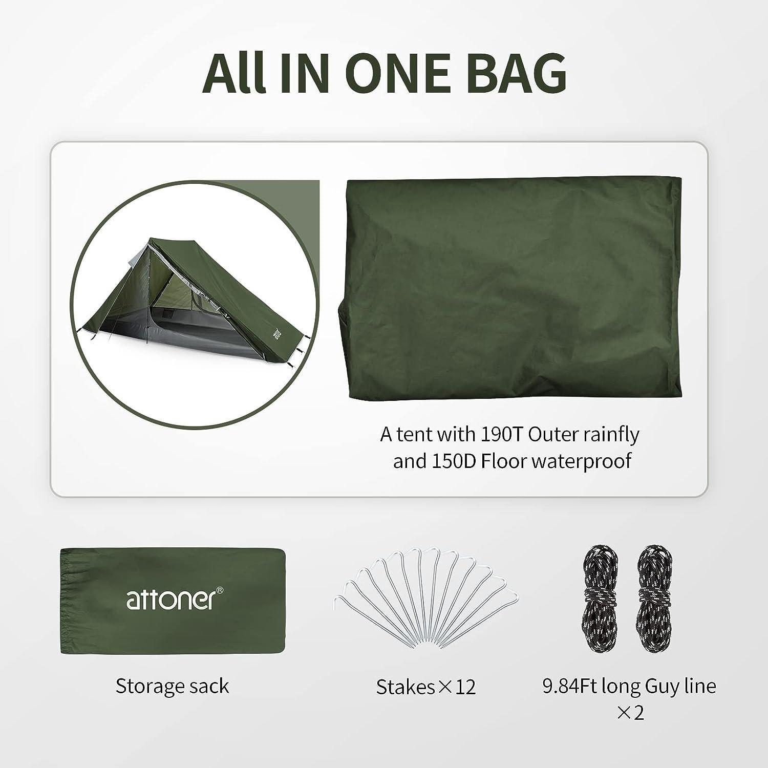 ATTONER Ridge Tent for 2 People Green Polyester Waterproof Backpacking Tent - Benebomo