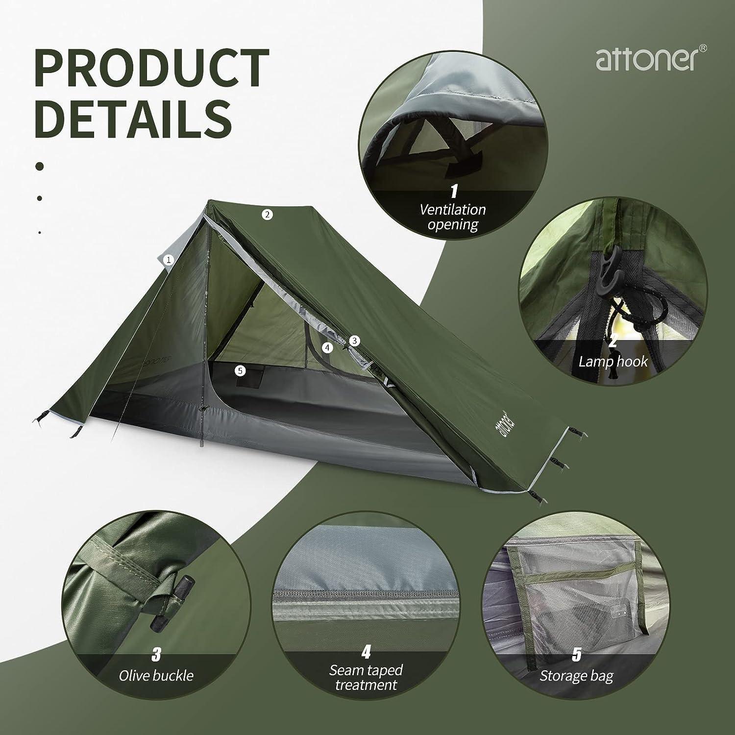 ATTONER Ridge Tent for 2 People Green Polyester Waterproof Backpacking Tent - Benebomo