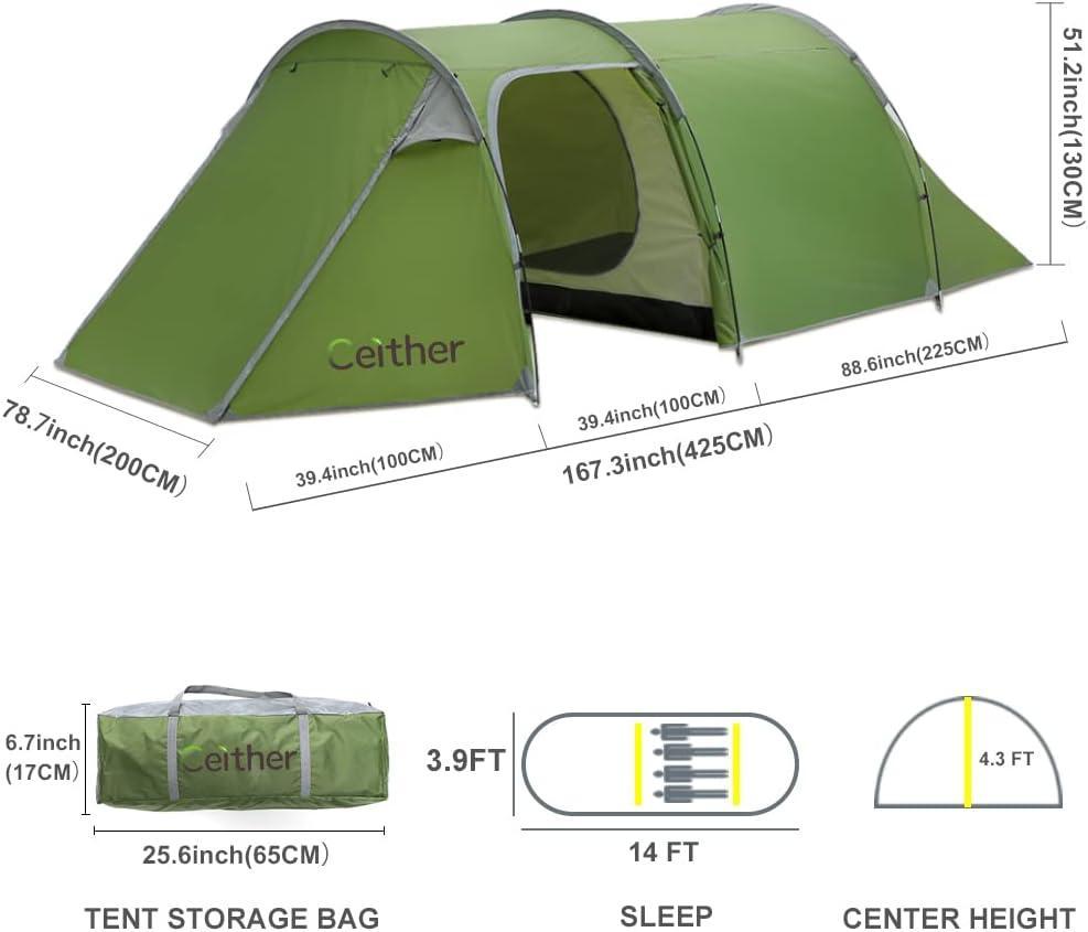 Ceither Tunnel Tent for 4 Person Portable Camping Tent Waterproof - Benebomo
