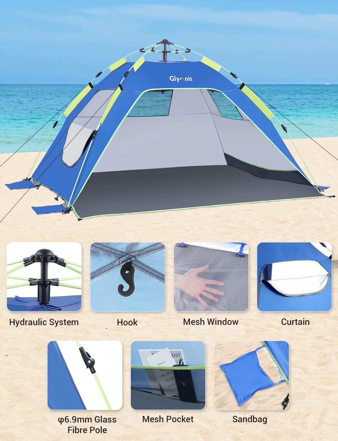 glymnis gazebo tent blue oxford pop up beach tent details