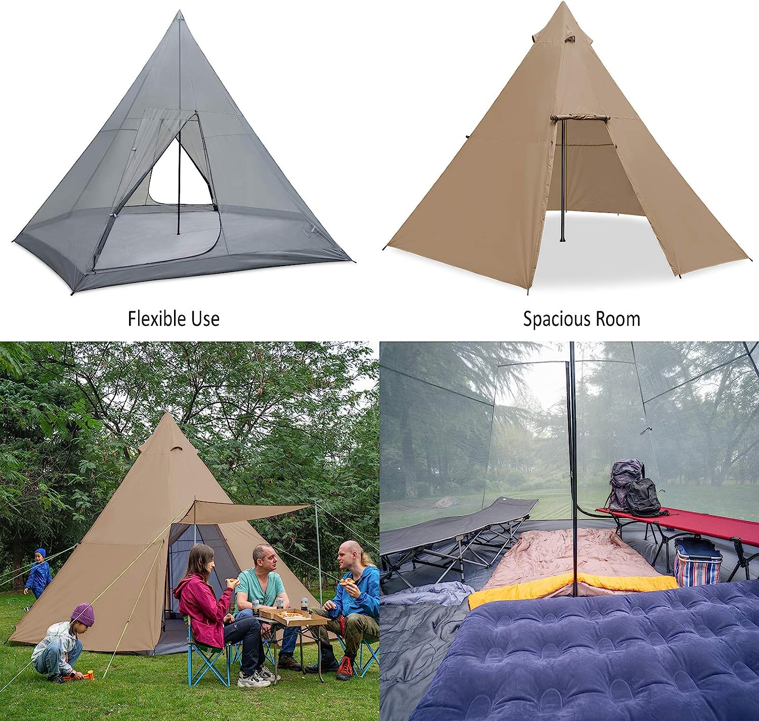 Kazoo Large Pyramid Tent Waterproof Teepee Inside