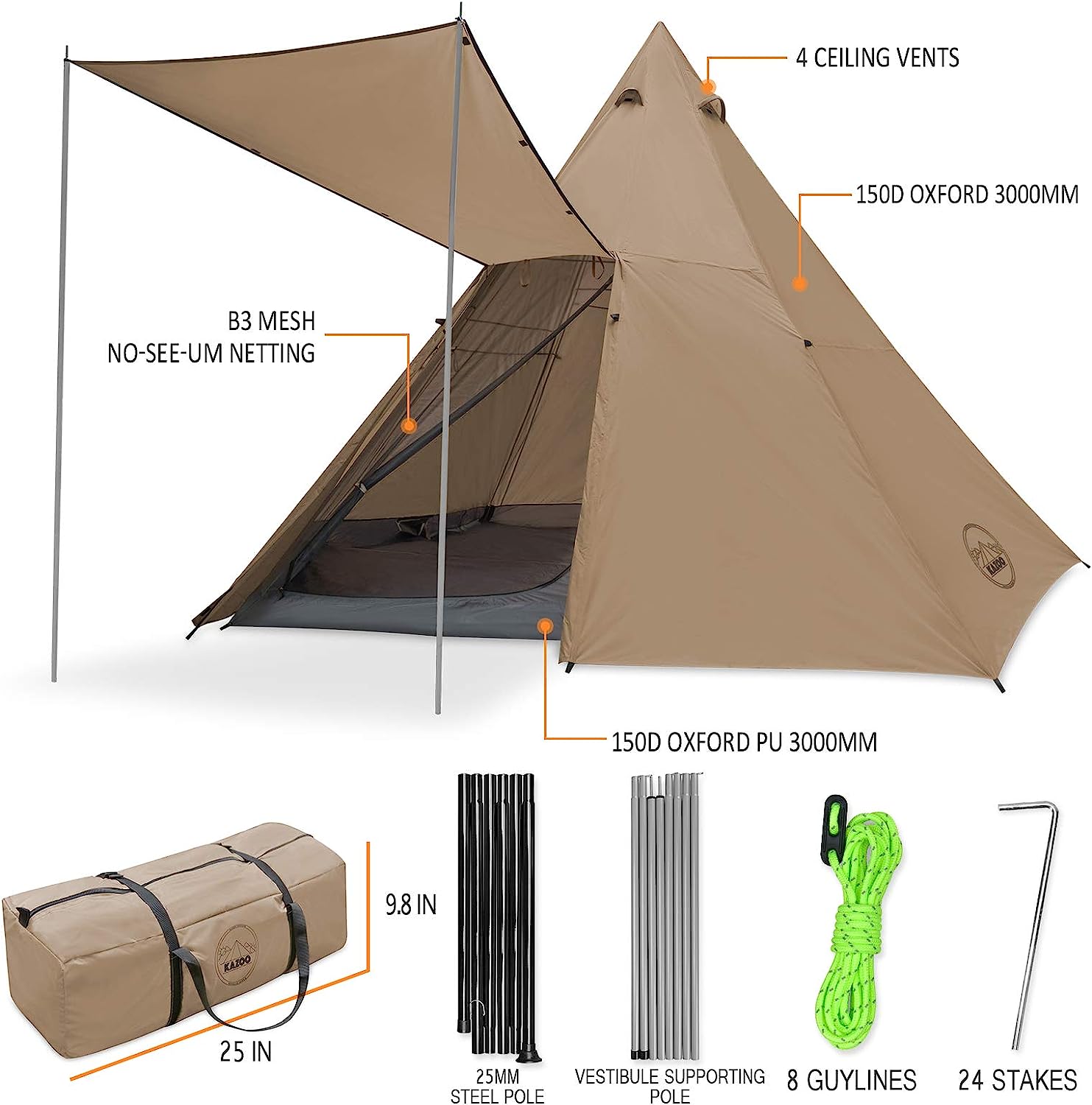 Kazoo Large Pyramid Tent Waterproof Teepee Package