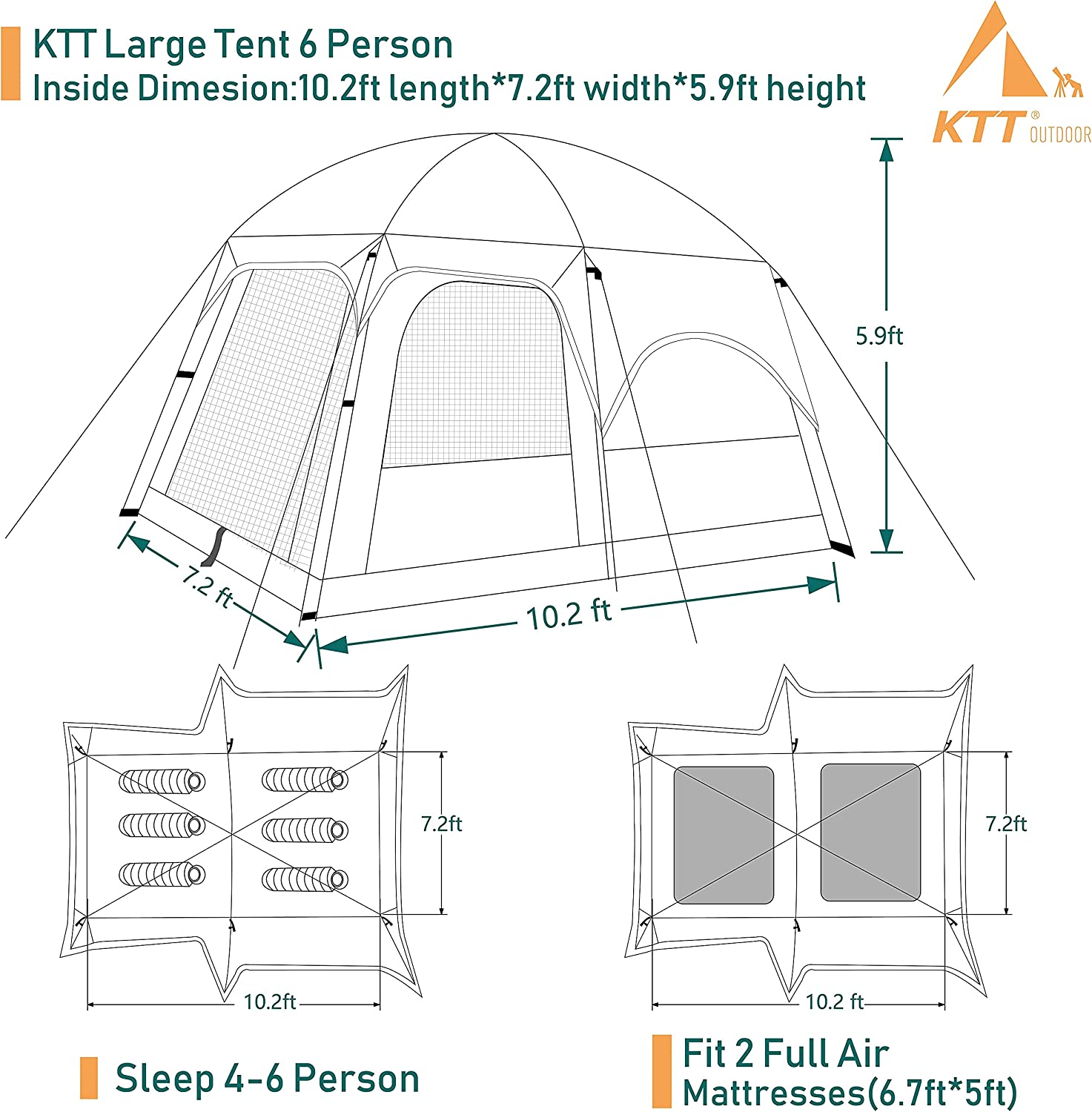Ktt Family Cabin Tent 4 6 Person Waterproof Specs