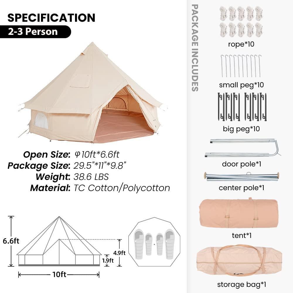 MC Bell Tent Yurt 4 Season Canvas Tent for Glamping 3 People Tent - Benebomo