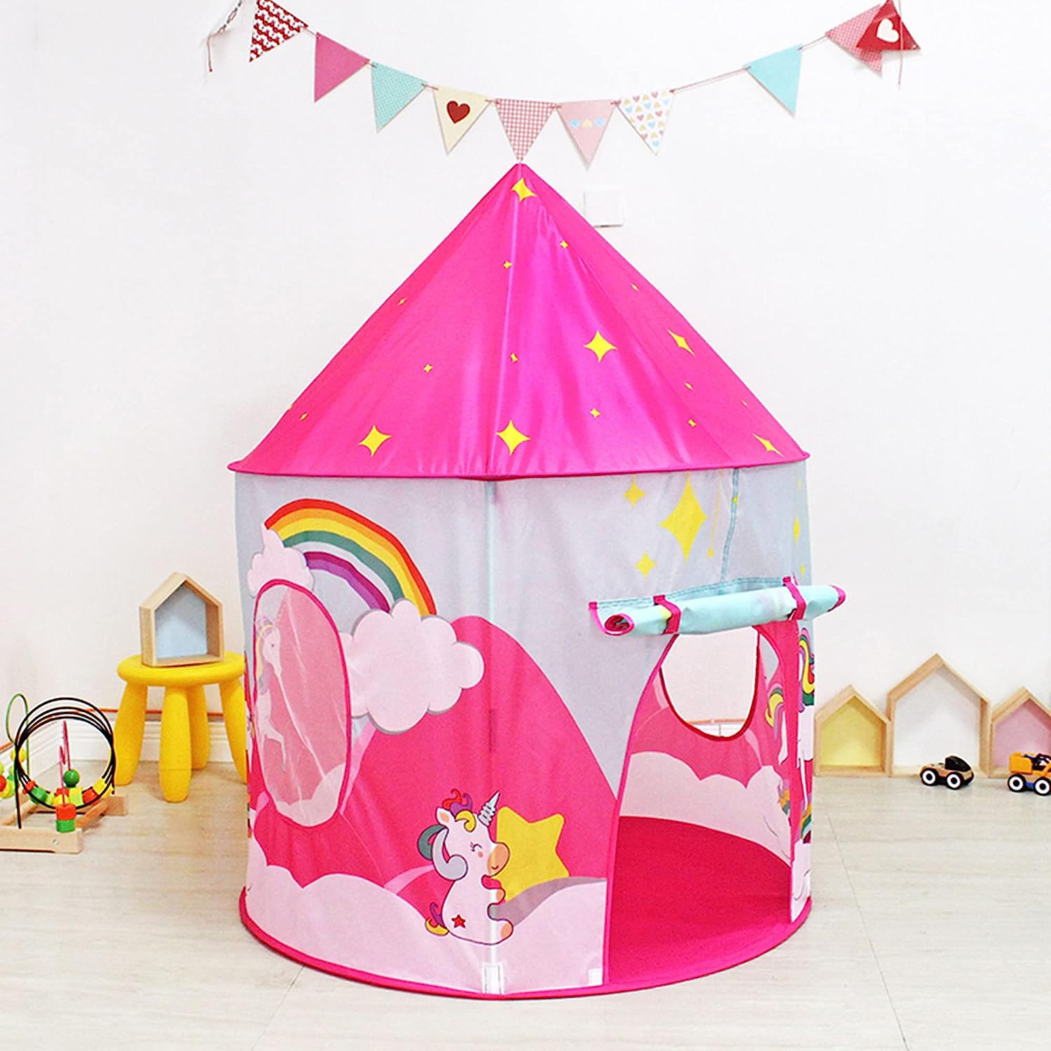 Pink Kids Unicorn Tunnel Tent Mesh Window