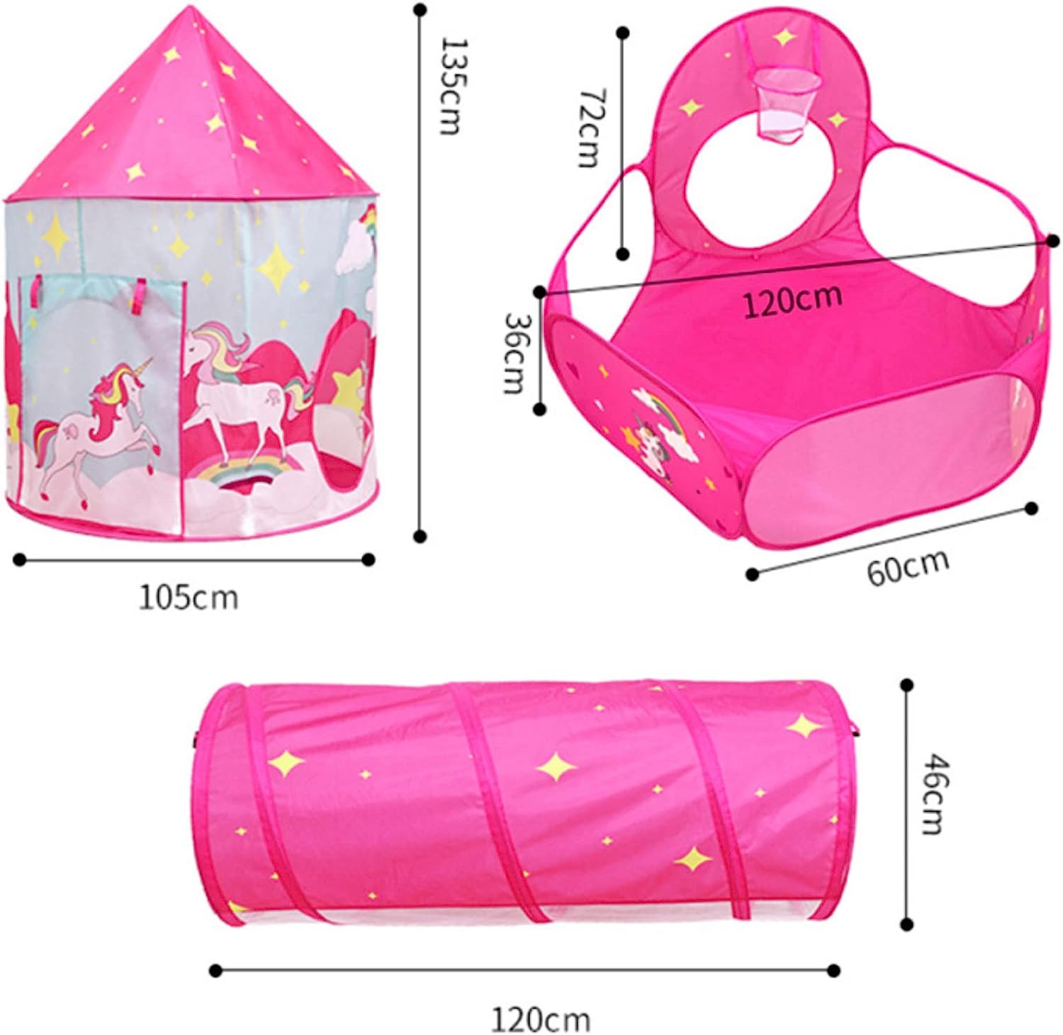 Pink Kids Unicorn Tunnel Tent Size